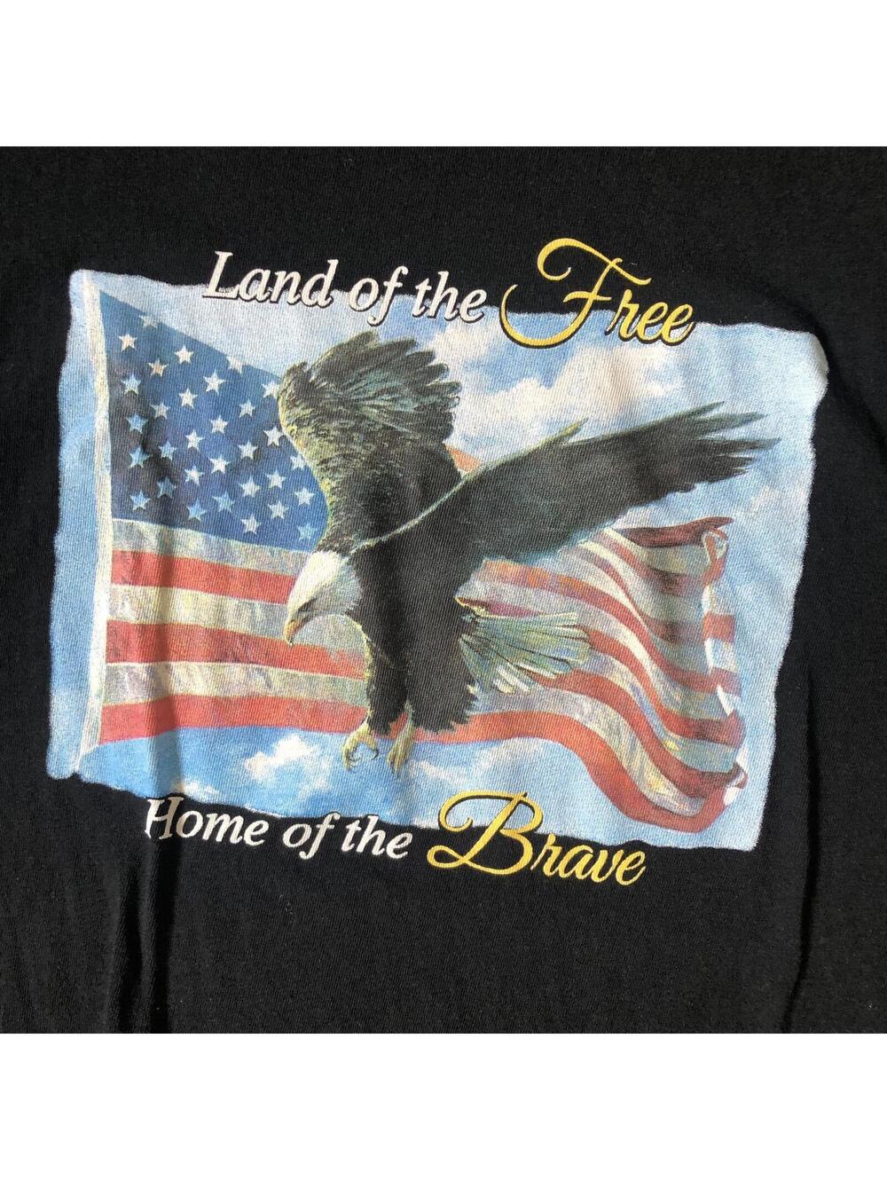 Black Graphic T-Shirt with American Eagle and Flag Design, Size Large